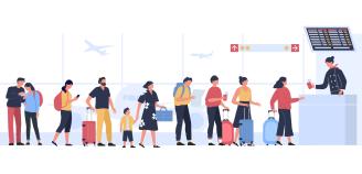 Piirroskuva lentoaseman lähtötiskiltä, ihmisiä matkalaukkuineen jonottamassa